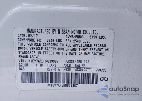 2017 Infiniti Q50 3.0T Signature Edition z USA, uszkodzony, nr VIN JN1EV7AR3HM839967